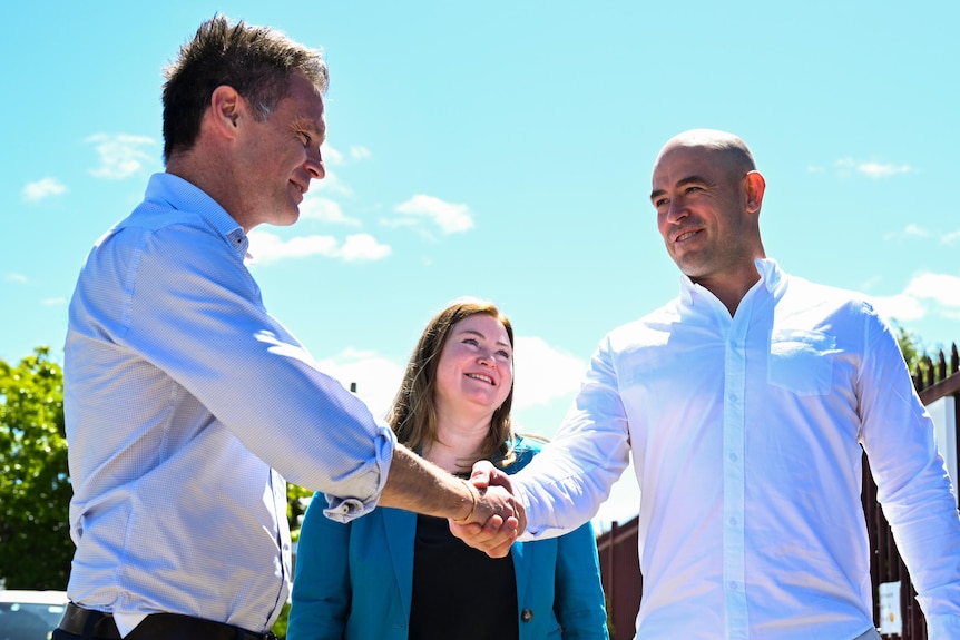 Two men and a woman, shaking hands in front of a school 