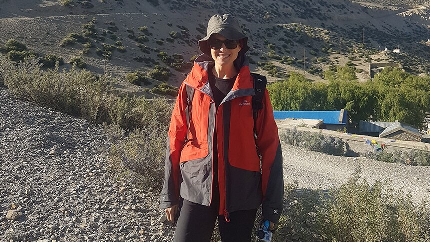 Conservation geneticist Dr Natalie Schmitt in the Himalayas, Nepal.