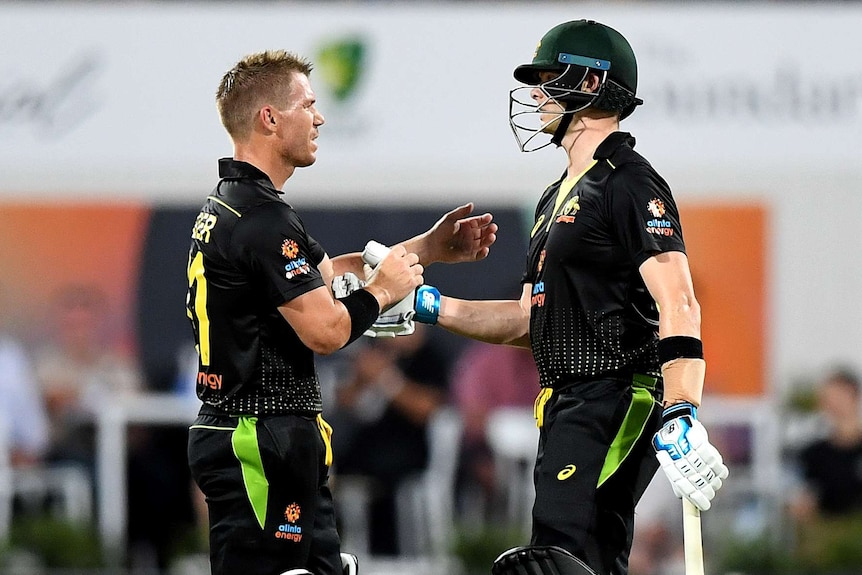 David Warner, without a helmet, shakes hands with Steve Smith.