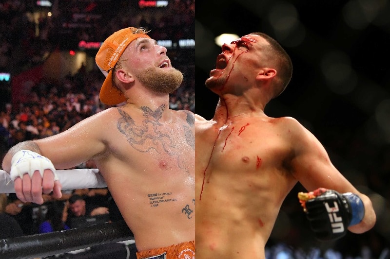 Composite image of Jake Paul leaning on the ropes after a boxing bout and a bloodied Nate Diaz shouting after a UFC win.