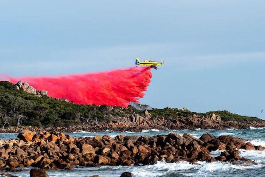 An aerial water bomber drops fire retardant on bushland with the ocean and rocks in the foreground.