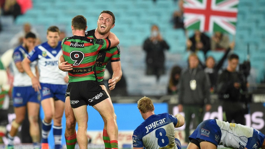 Sam Burgess scores against the Bulldogs