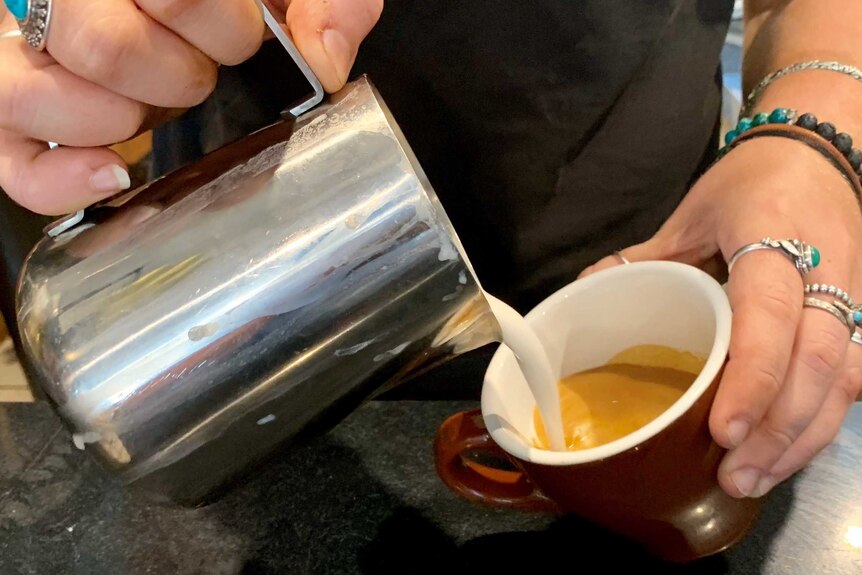 A close up image of a barista pouring macadamia nut milk into a coffee cup.