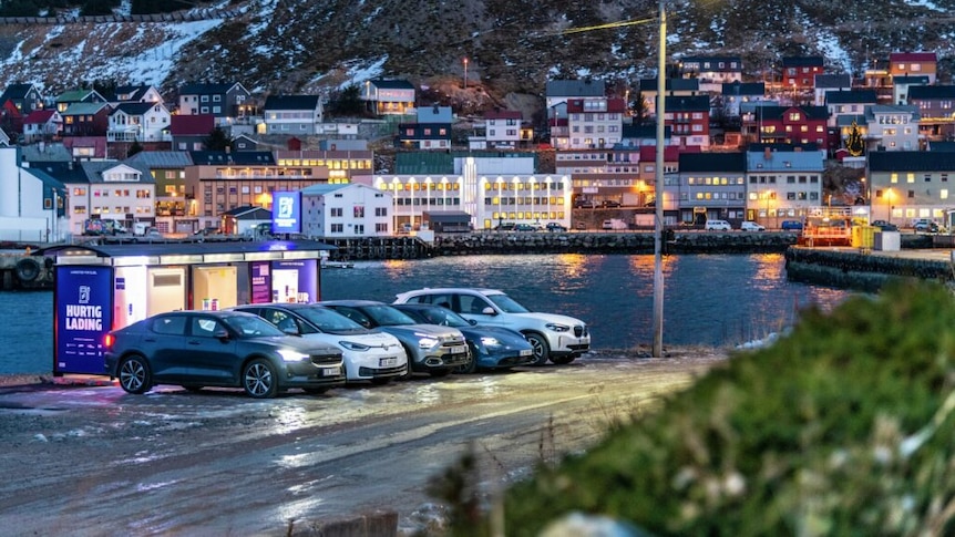 Five electric vehicles parked on a snowy fjord waterfront