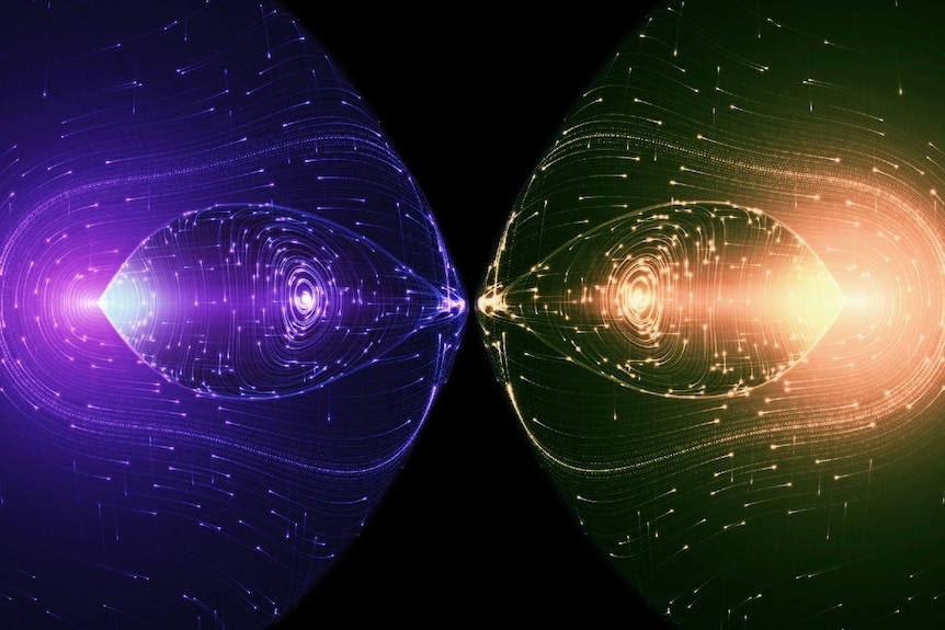 An illustration of a particle and an antiparticle in purple and orange