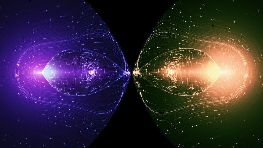 An illustration of a particle and an antiparticle in purple and orange