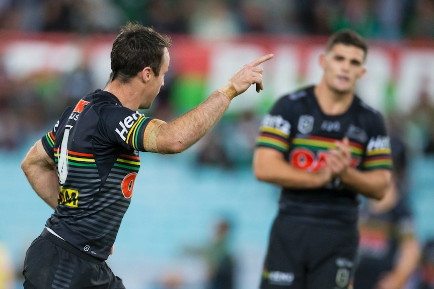 NRL player points in triumph after kicking the go-ahead field goal in the dying minutes.