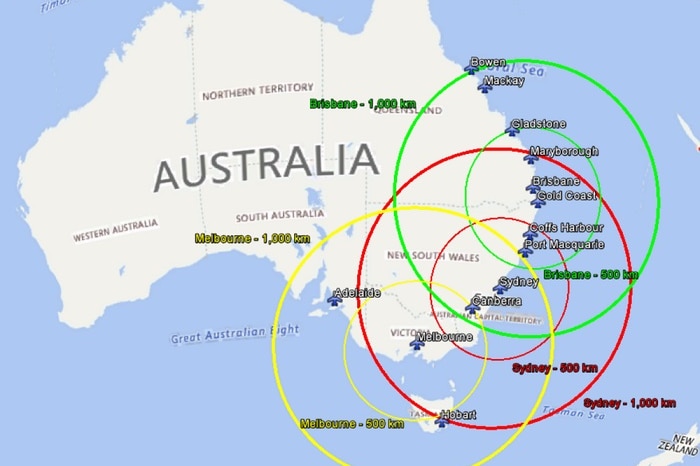 A map showing different flight routes around Australia