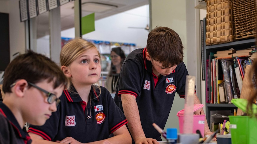 Liam Brereton, Scarlett Harrison and Brodie Donohue in their classroom at Strathewen Primary School.