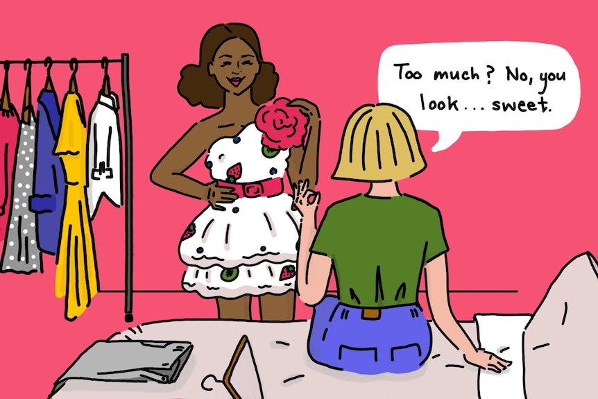 Illustration shows women telling her friend she likes her dress when she really doesn't