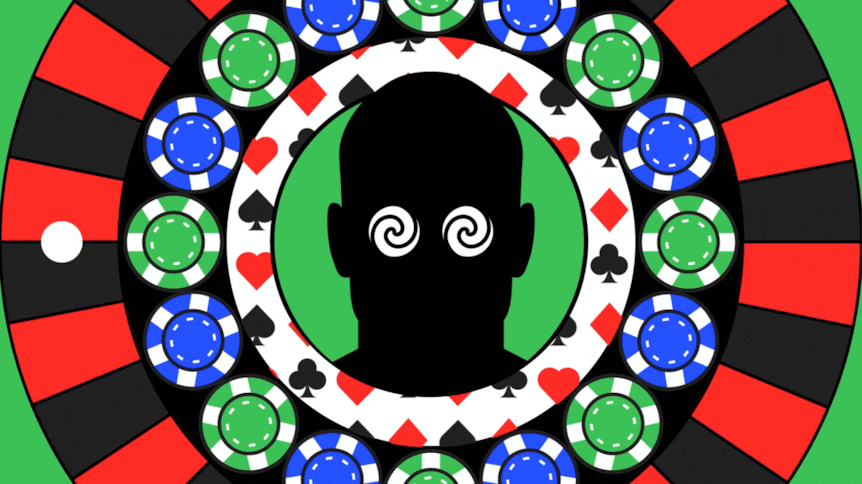 Gif of rotating roulette wheel with poker chips and male silhouette with swirling, hypnotised eyes to depict problem gambling