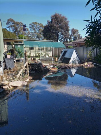 Floodwaters surround elements of a back yard.