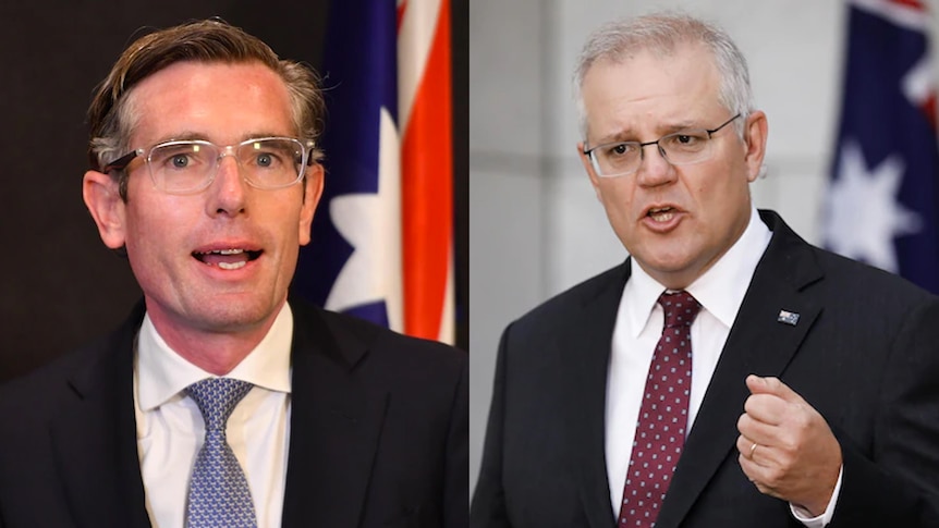 Side by side photos of Dom Perrottet and Scott Morrison, both in dark suits and ties