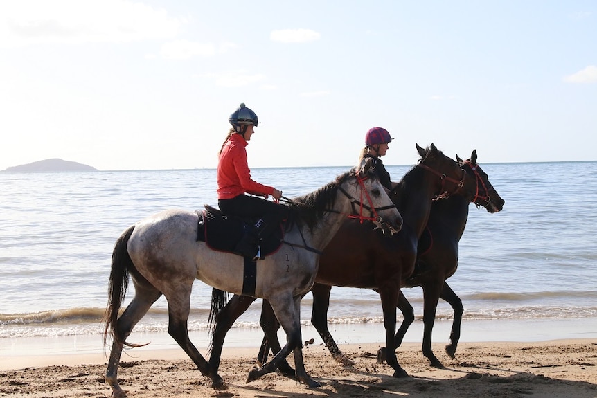 Two women riding horses at the beach