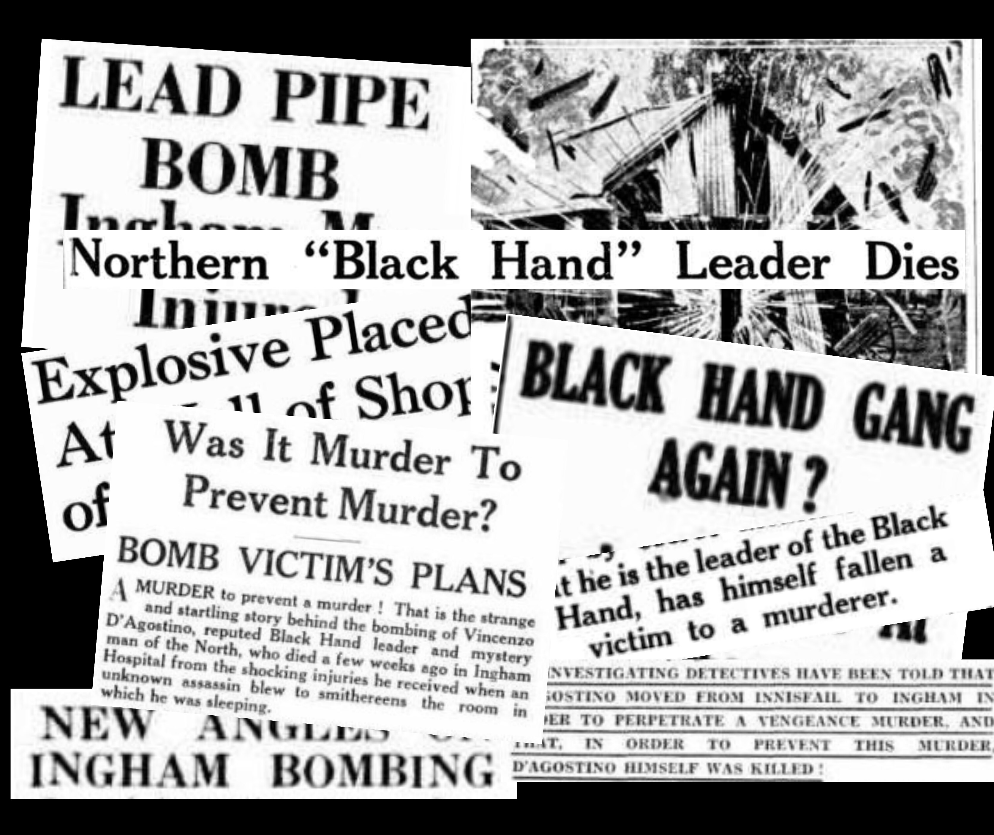 A collage of newspaper headlines and clippings about the bomb and D'Agostino's death.