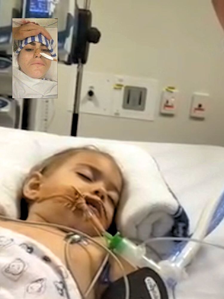 A screengrab of a facetime conversation between a mother and young girl, both in hospital beds with tubes in their noses