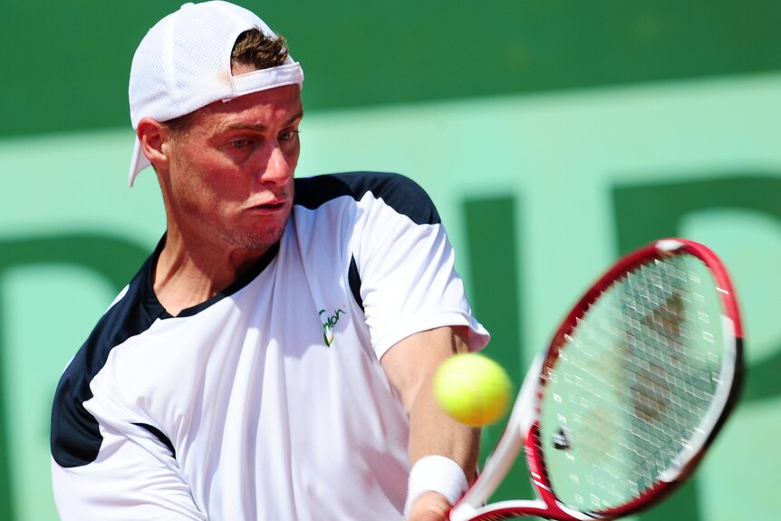 Lleyton Hewitt returns a shot at the French Open.