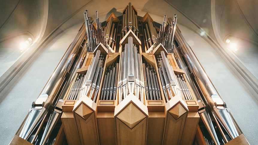 A view of a large pipe organ from below.