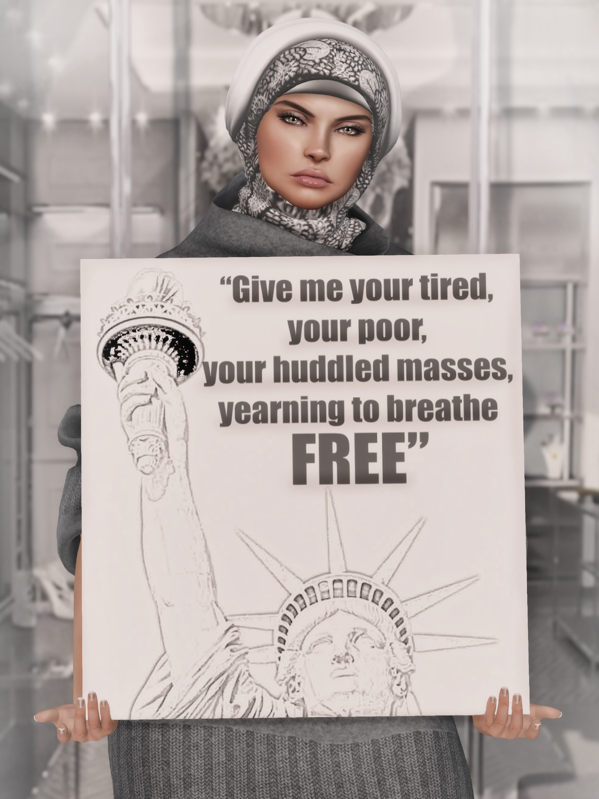 A digital avatar of a woman in a hijab holds a sign with the statue of liberty on it.