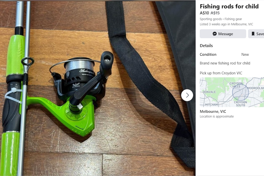 A screenshot of a Facebook marketplace listing of a fishing rod listed for $10