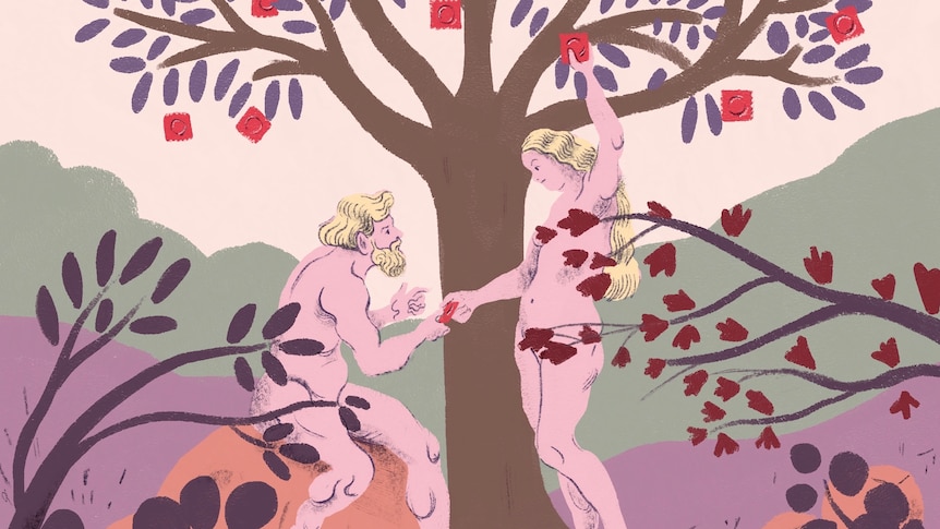 a drawing of a naked man and a naked woman standing by a tree picking condoms off of it
