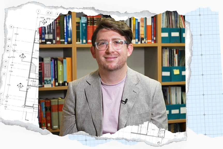 A headshot of a man sitting in front of a book shop, layered over teared blueprints. 