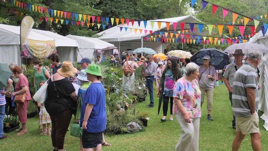 People wandering around looking at plants and stalls at an event