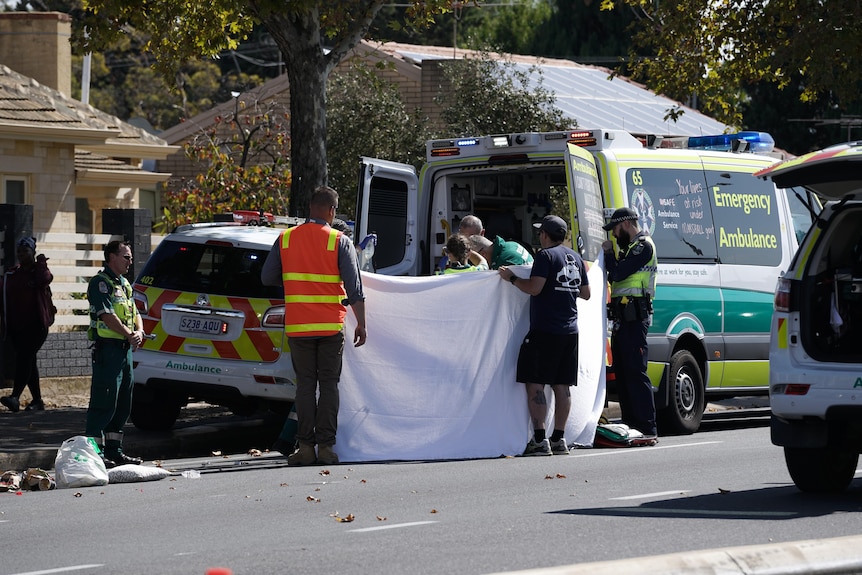 Emergency services at the scene where a pedestrian was hit by a truck.