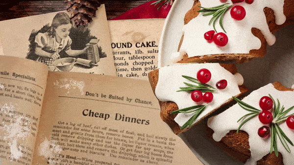 An animation of sprinkling flour with images of recipe books and a cake.