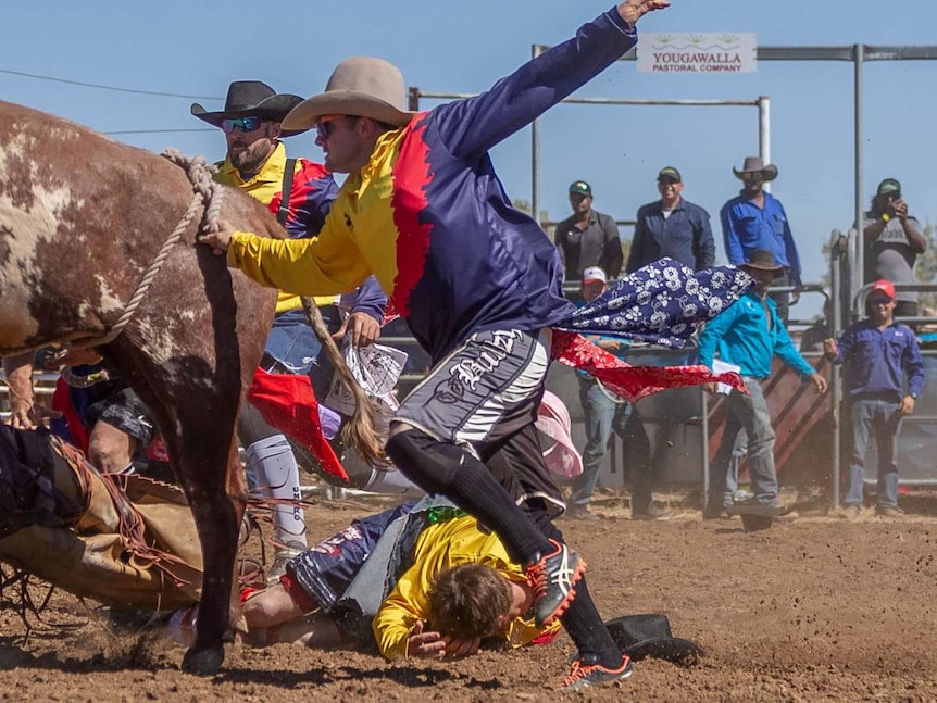Cain Burns says team work is the key to escaping serious injury for rodeo clowns.
