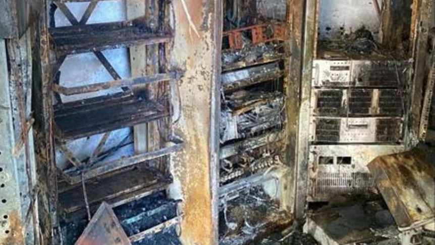 The burnt out inside of a communications tower