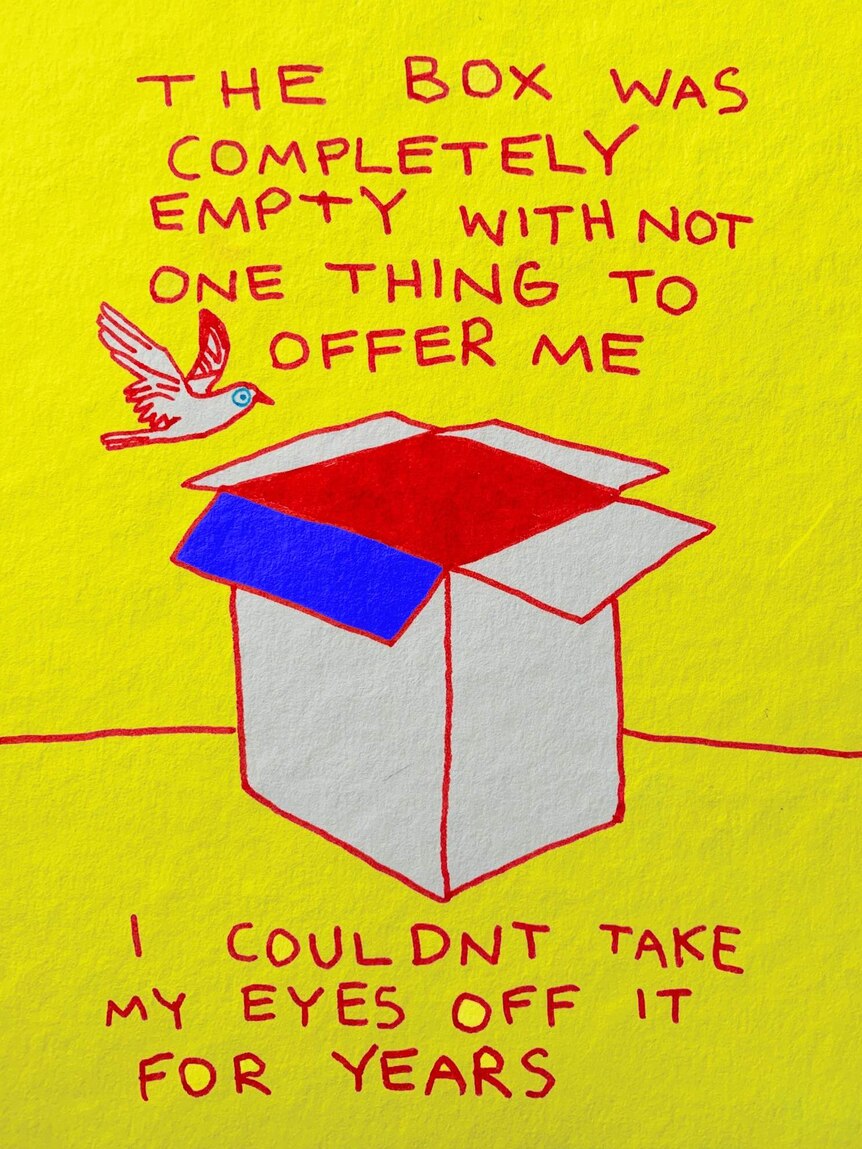 A drawing of a box and a bird, with a yellow background and words in red