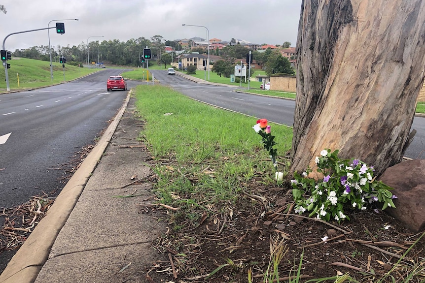 Flowers laid at the base of a tree on a median strip. An intersection lies ahead.