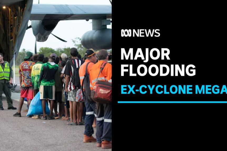 Major Flooding, Ex-Cyclone Megan: A group of people line up behind the open rear door of a cargo plane.
