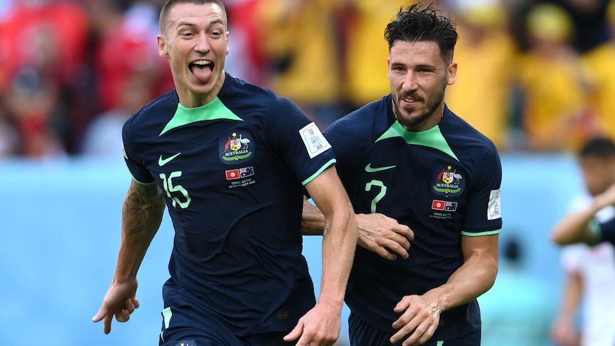 Mitchell Duke of Australia celebrates with Mathew Leckie after scoring against Tunisia