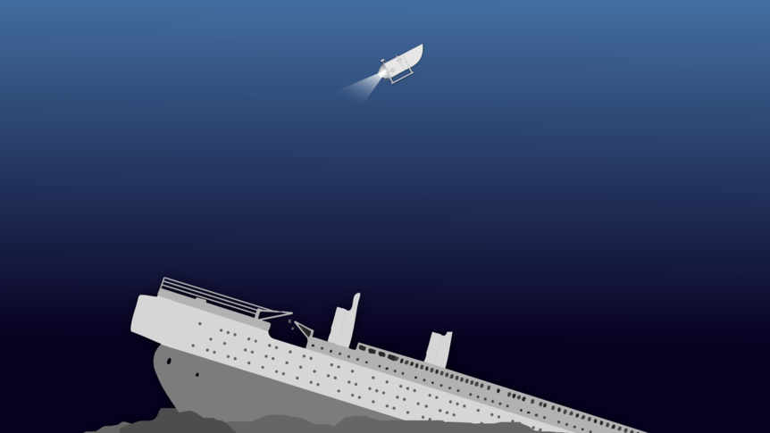 An illustration shows the wreck of the Titanic on the sea floor, and a small submersible, the Titan, in the depths of the ocean.