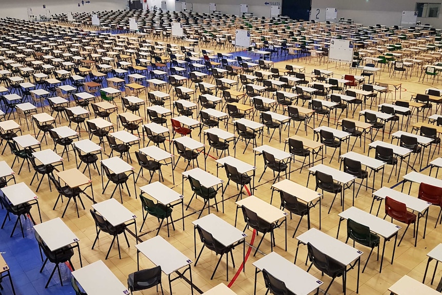 Desks are ready to be filled for exam time.
