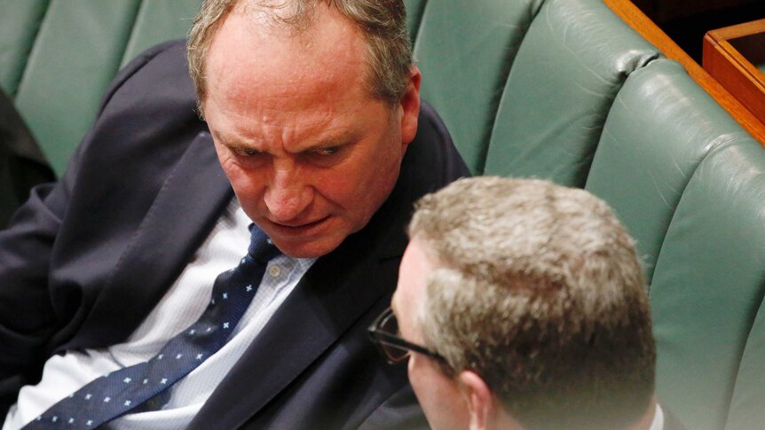 Barnaby Joyce looks angry while talking to Christopher Pyne during Question Time
