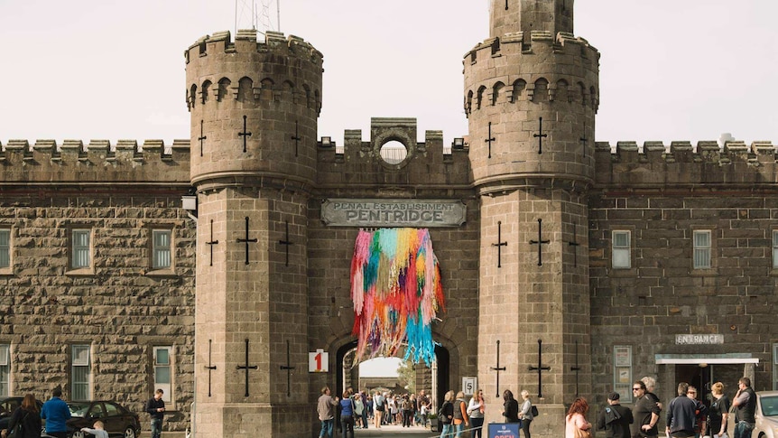 The front gates of the old Pentridge Prison now dressed up for a community display.