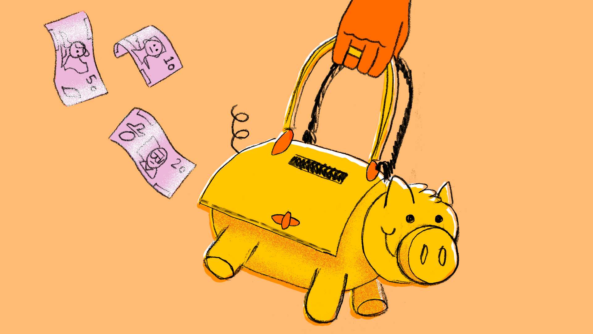An illustration shows a hand holding a handbag that looks like a piggy bank to depict tips for saving money.