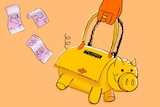 An illustration shows a hand holding a handbag that looks like a piggy bank to depict tips for saving money.