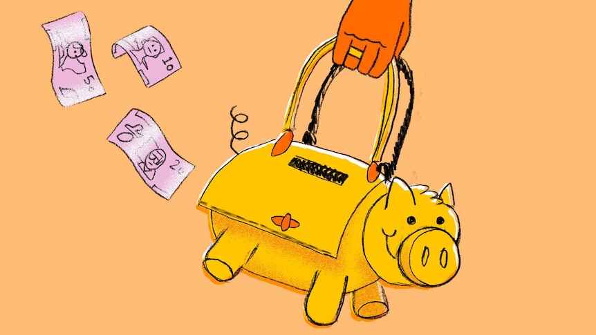 An illustration shows a hand holding a handbag that looks like a piggy bank to depict tips for saving money.