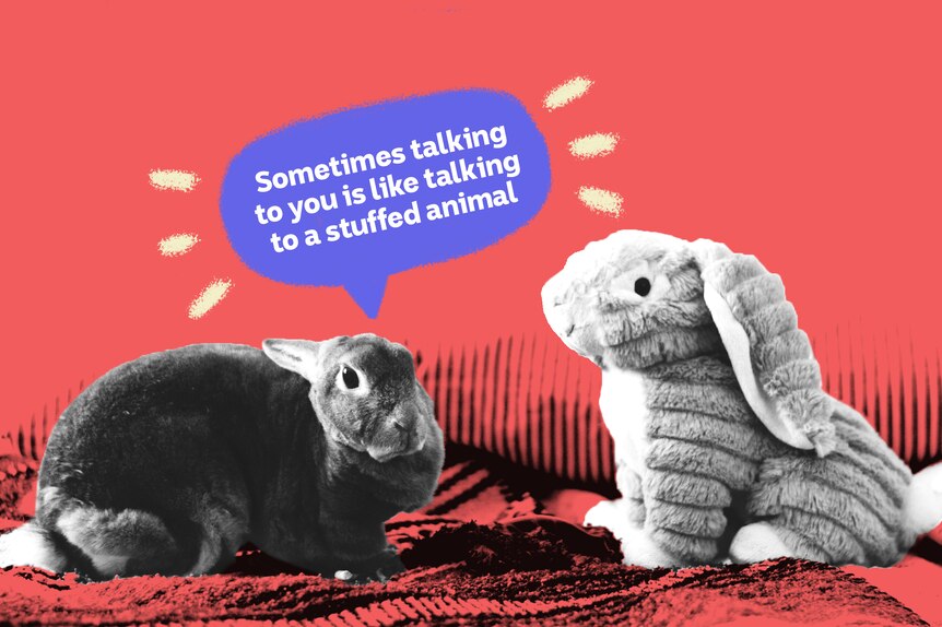 A live rabbit says to a stuffed rabbit: Sometimes talking to you is like talking to a stuffed animal