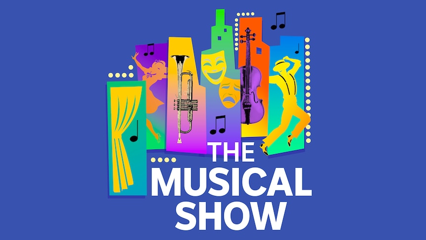 Graphic image with brightly coloured skyscraper outlines featuring musical theatre iconography and text The Musical Show