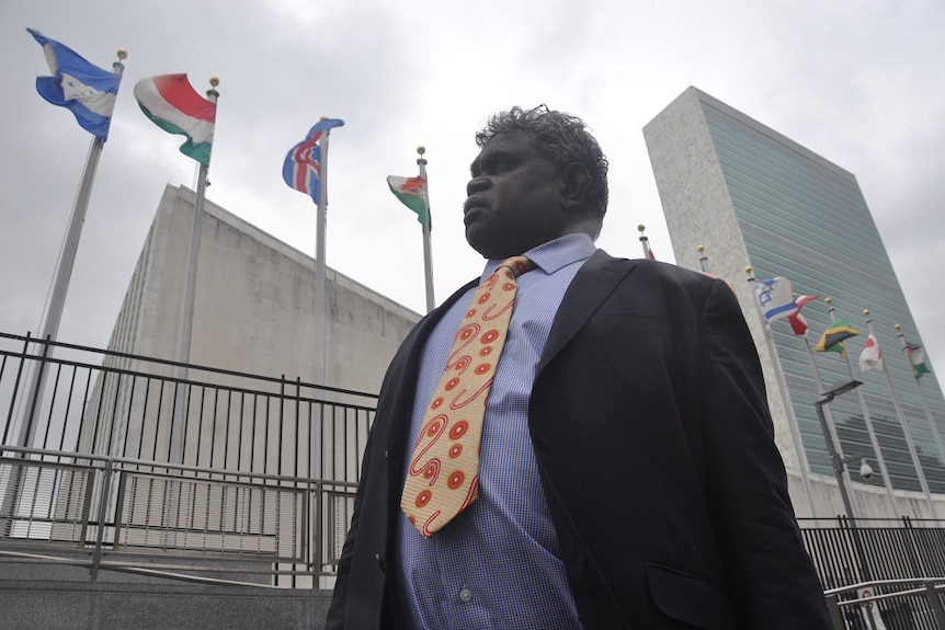 Yingiya Guyula stands in front of some flags