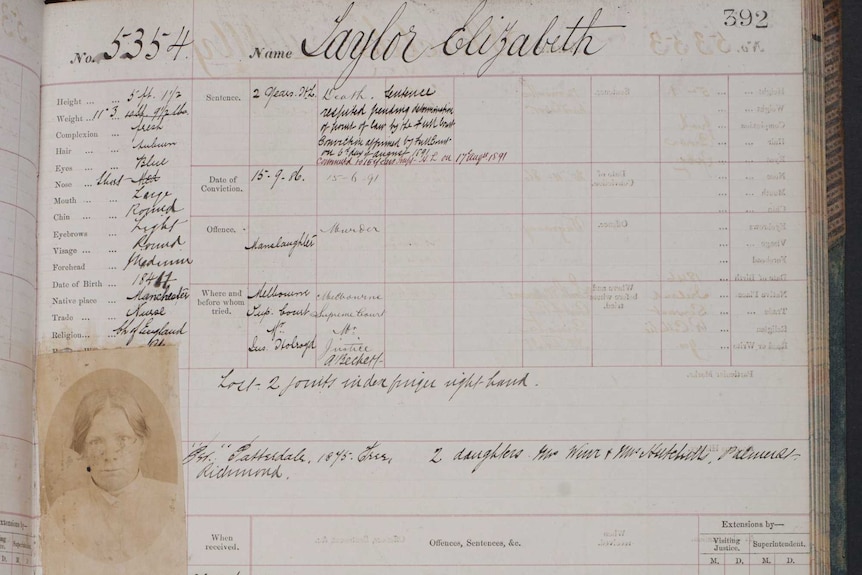 A court record for Elizabeth Taylor from the 1800s, which has two photographs of her and details of her crimes.