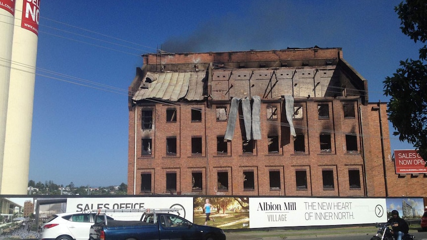 Burnt-out historic Albion flour mill in Brisbane's inner-north on November 28, 2013, after overnight fire