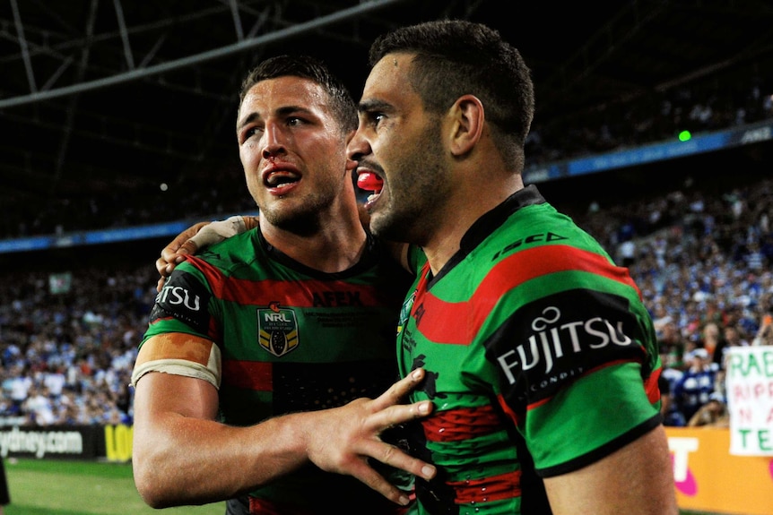 Sam Burgess and Greg Inglis celebrate South Sydney's grand final win