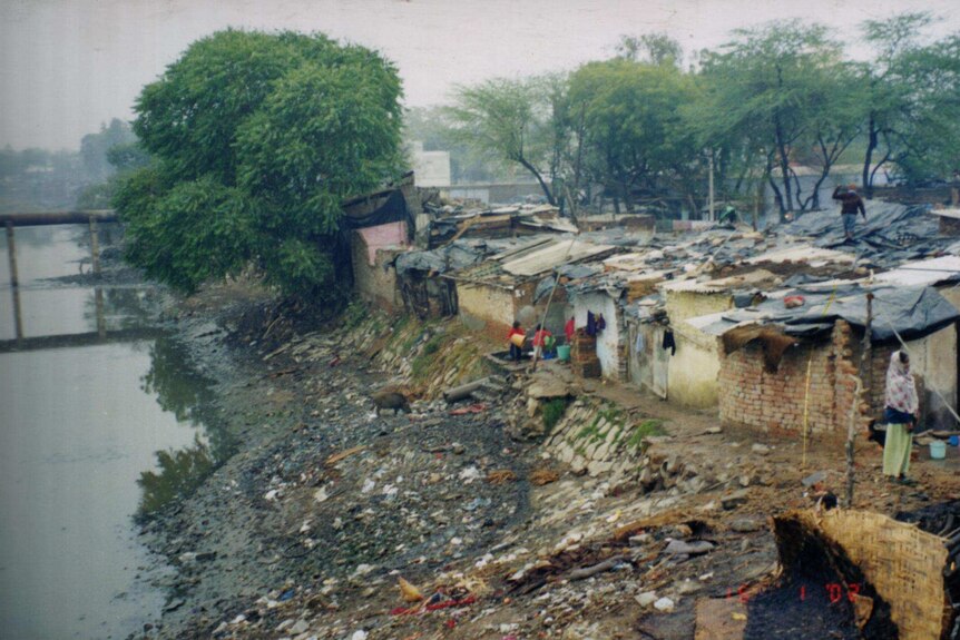 Tattered slum dwelling next to polluted water. Shore is strewn with rubbish. Trees are in the background.