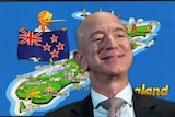 Amazon boss Jeff Bezos and a map of New Zealand